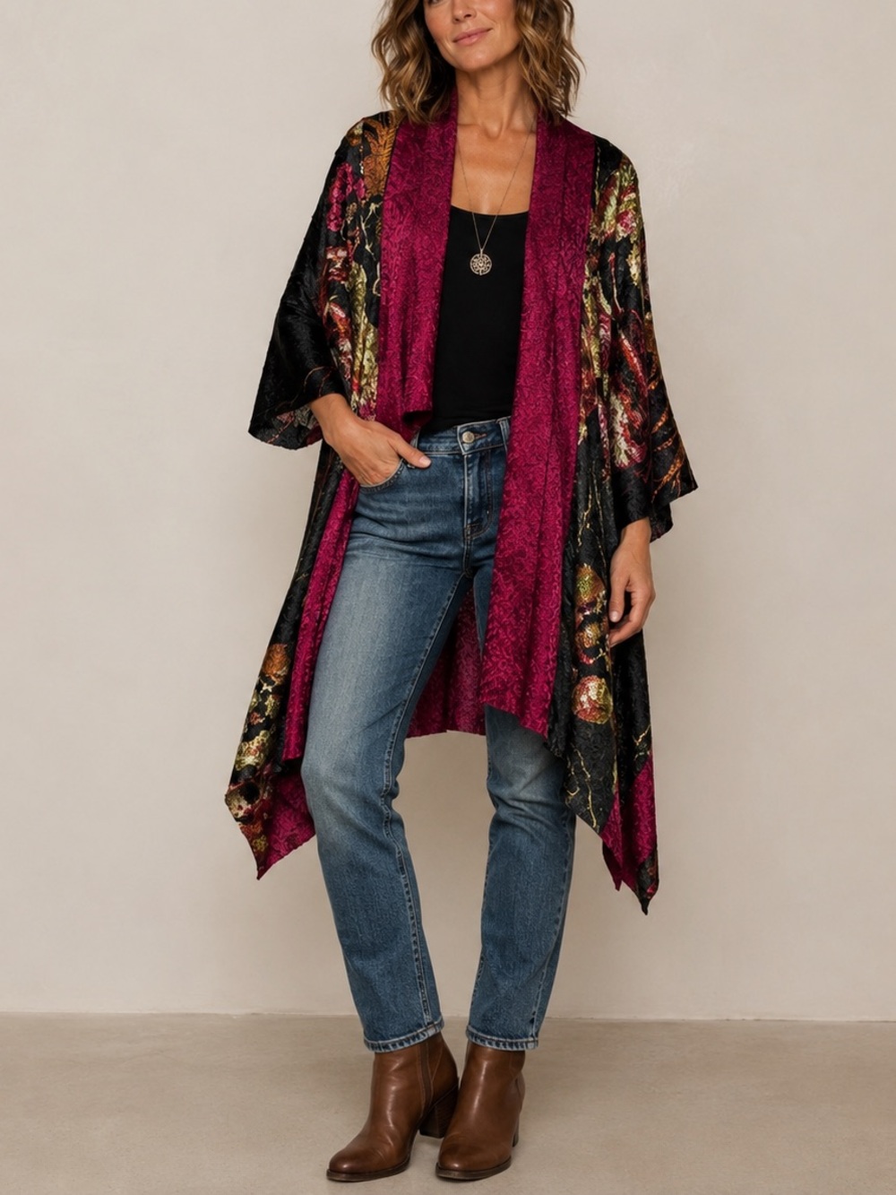Vintage Stretch Crinkle Silk Multi-Color Reversible Kimono Duster size large